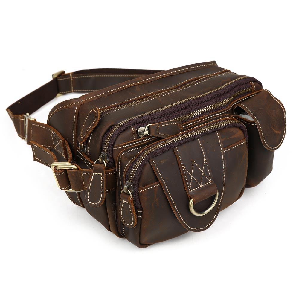 Retro Full-Grain Leather Fanny Pack with Multi-Pocket Design
