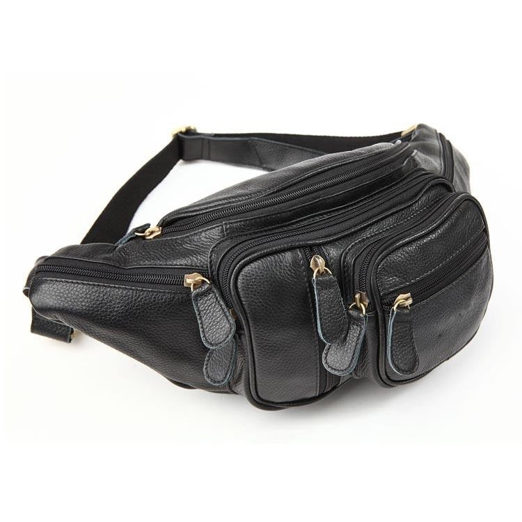 Multi-Zipper Black Full-Grain Leather Fanny Pack