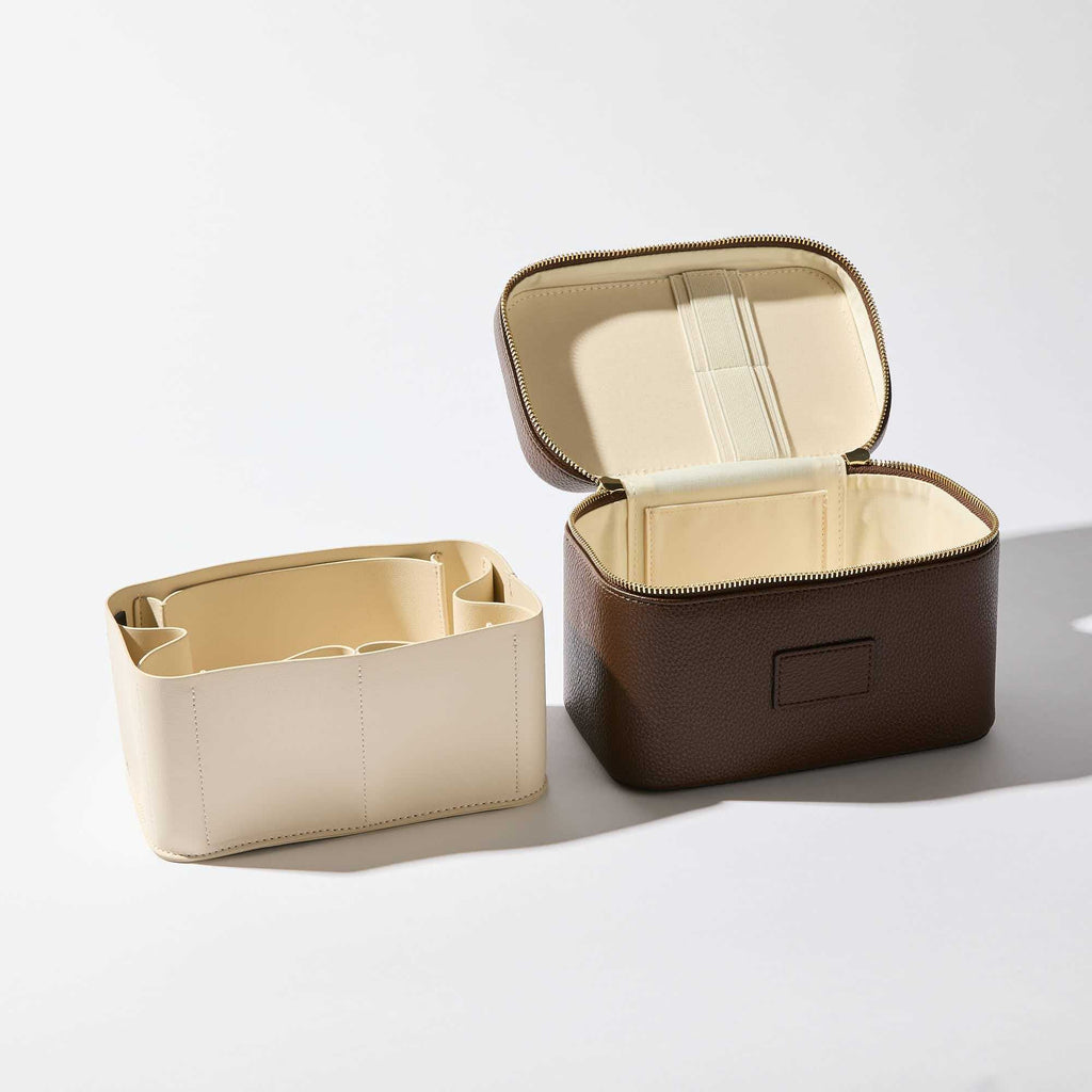 Brown Textured PU Leather Cosmetic Bag