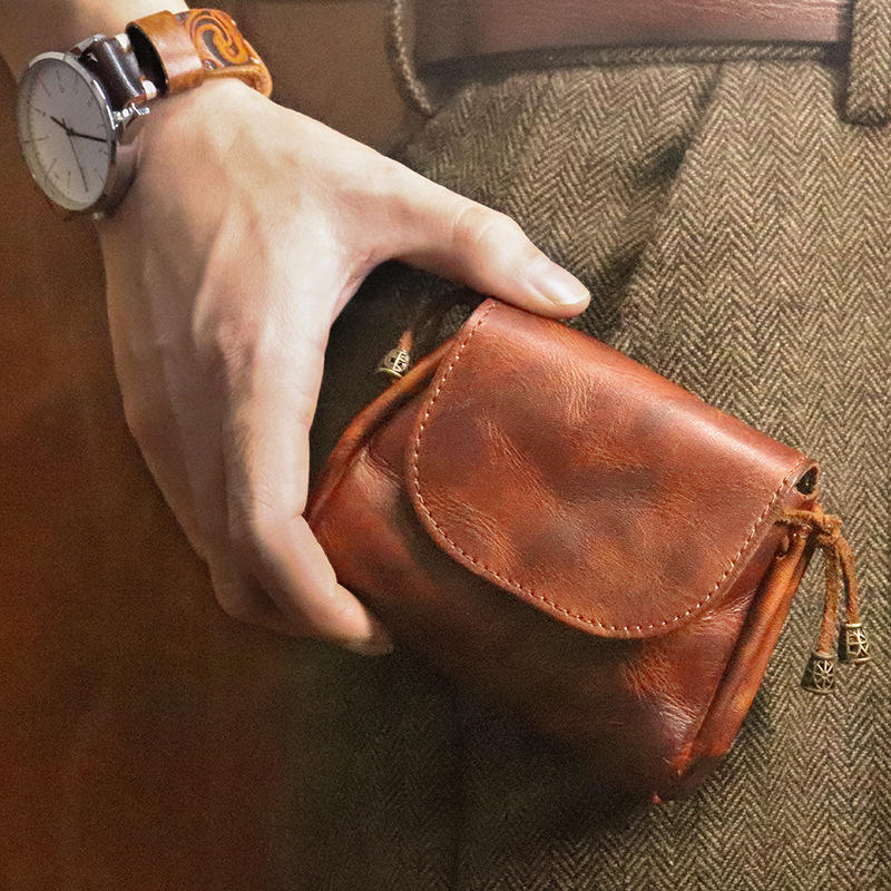Vintage Leather Key Pouch with Drawstring Closure