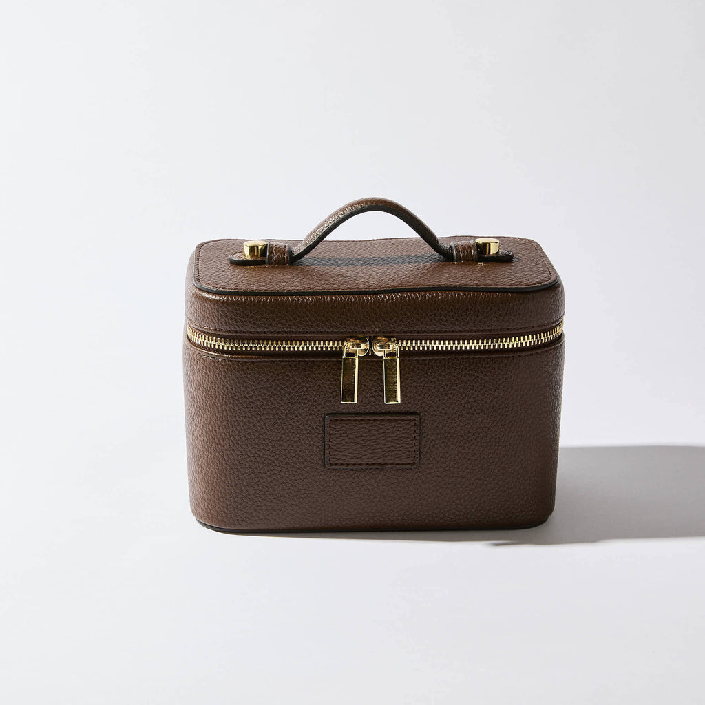 Brown Textured PU Leather Cosmetic Bag