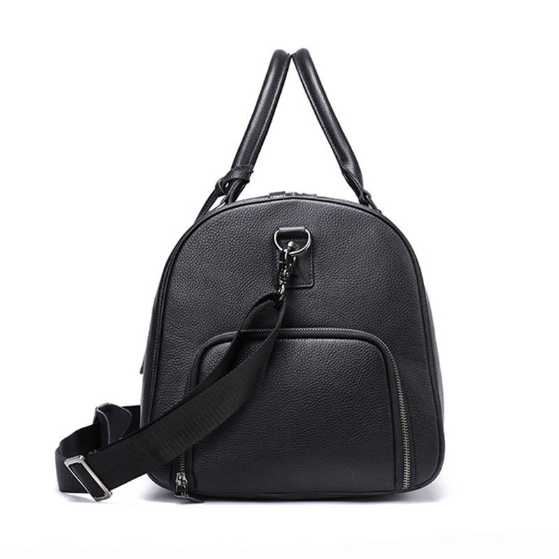Black Genuine Leather Travel Bag with Shoe Compartment