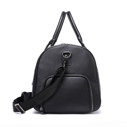 Black Genuine Leather Travel Bag with Shoe Compartment