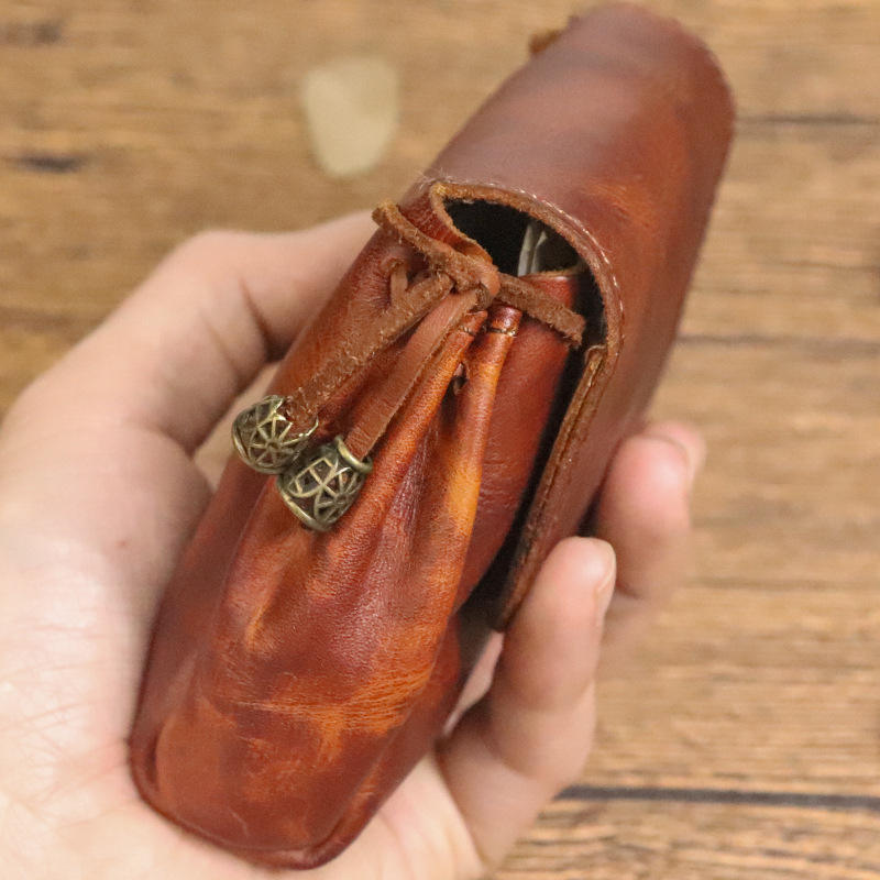Vintage Leather Key Pouch with Drawstring Closure