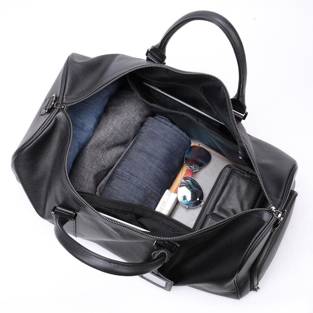 Black Genuine Leather Travel Bag with Shoe Compartment