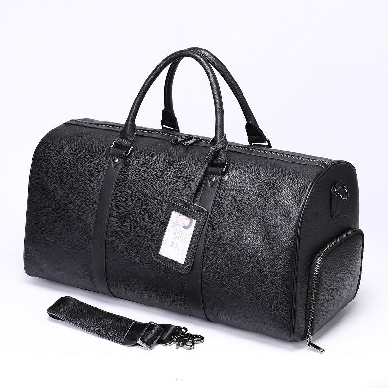 Black Genuine Leather Travel Bag with Shoe Compartment