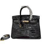 Birkin Style 25/30/35 Retourne in Noir Crocodile-Embossed Leather (Gold Hardware)
