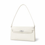 Kelly Elan 25 Underarm Baguette Bag, Genuine Top Layer Cowhide Goat Grain Leather, Silver Hardware Off White Shoulder Handbag, Youthful Elegant Goddess Daily Purse Size 25×6.5×15cm